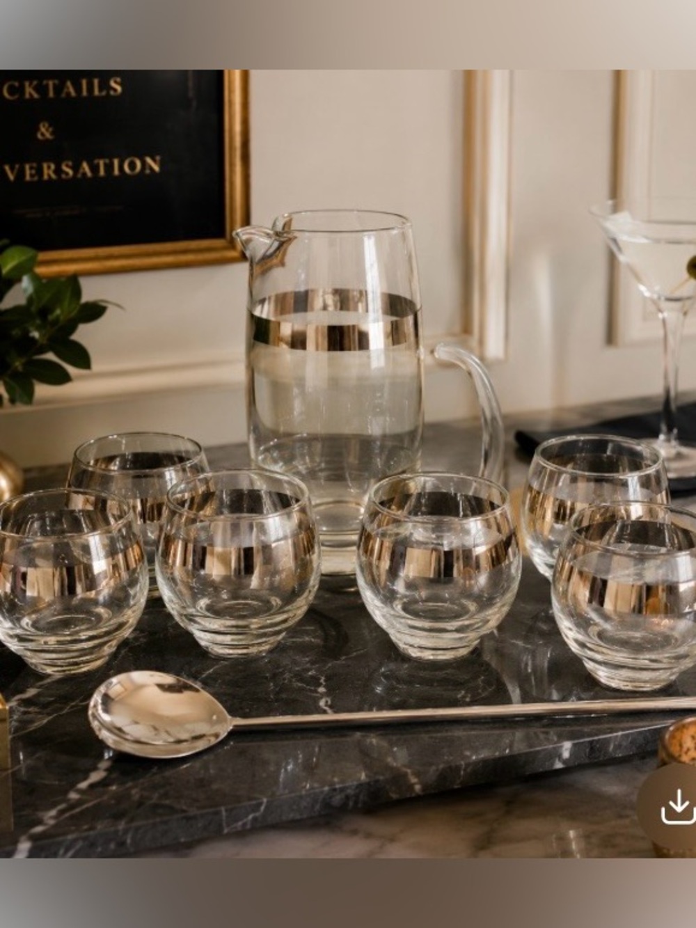 Vintage Libbey Silver Band Martini Pitcher & 6 Roly Poly Glasses & Stirrer MCM